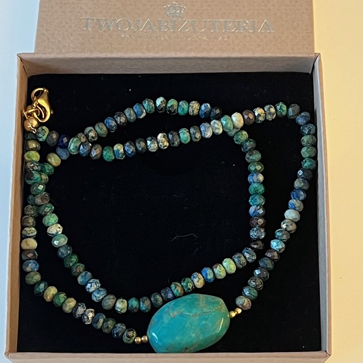 korale NASZYJNIK  z naturalnych kamienii - chryzokola i turkus MOC i Energia