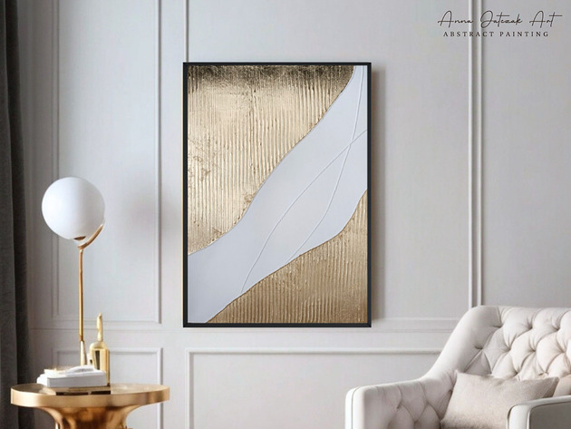 obrazy ZŁOTO Abstrakcyjny obraz strukturalny ze złotem, ręcznie malowany, 70x50 cm