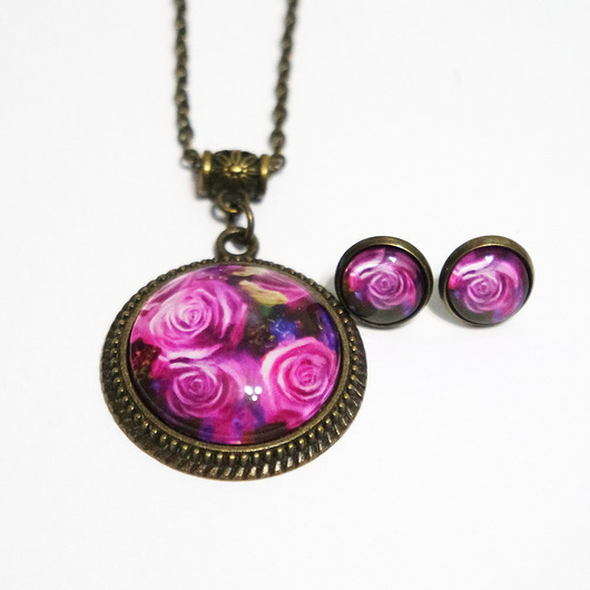 komplet biżuterii Naszyjnik i kolczyki - komplet - Różowe róże