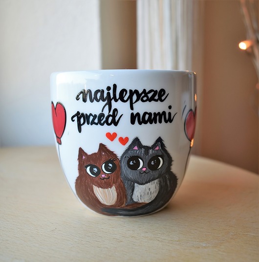 Kubek ręcznie malowany prezent ślubny Koty Ceramika Ciepliki