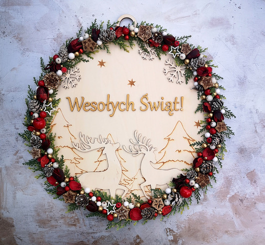 wianki bożonarodzeniowe Drewniany Wianek Świąteczny z Napisem "Wesołych Świąt!"