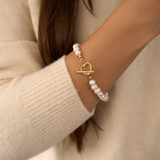 bransoletki złote Bransoletka z naturalnych pereł z ozdobnym zapięciem- srebro 925 pozłacane