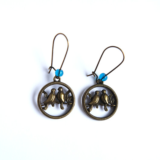 kolczyki - inne Kolczyki - Ptaszki, brąz, koralik