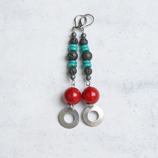 kolczyki z kamieniami Unikatowe kolczyki : koral, turkus, lawa