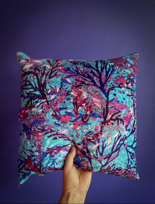 poduszki z grafiką Aksamitna PODUSZKA dekoracyjna, autorski print w turkusowa rafa koralowa