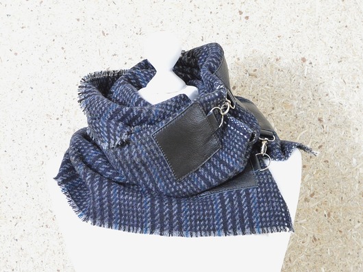 -50% SALE Szal wełna ze skórą, Unisex - Granat Green Sheep
