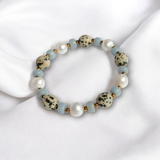 bransoletki z kamieni naturalnych Anielska bransoletka : angelit, perły, jaspis : na gumce