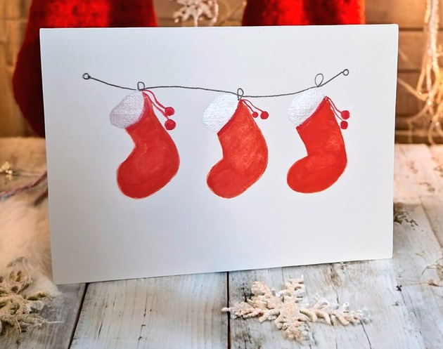 kartki scrapbooking Kartka ręcznie malowana święta Bożego Narodzenia w oczekiwaniu na prezenty