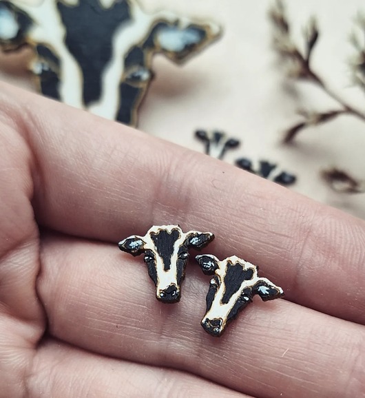 kolczyki drewniane Krowy malowane