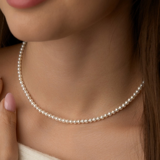 chokery Naszyjnik z białych pereł 4mm oraz srebra 925 pozłacanego