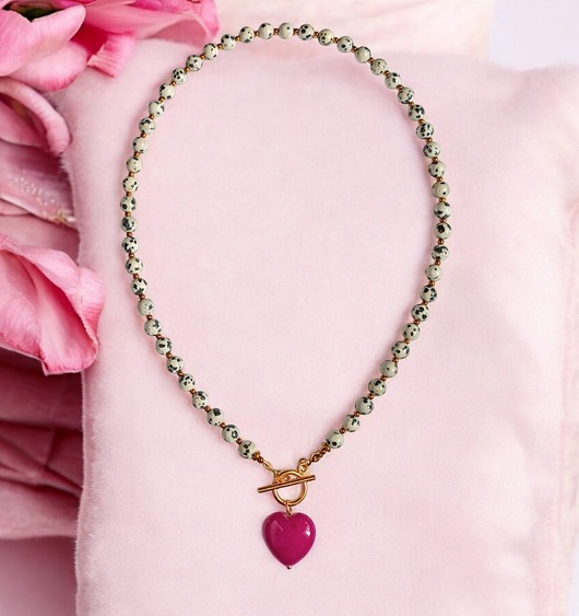 naszyjniki - inne Jaspis dalmatyński i serce : fuksja : naszyjnik