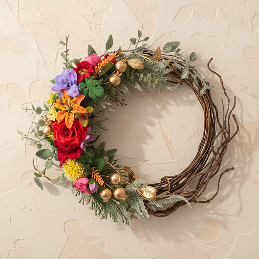 wianki bożonarodzeniowe Tropikalny wieniec na drzwi, złote detale (26cm)