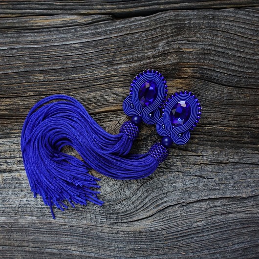 kolczyki soutache Kobaltowe kolczyki soutache z frędzlami- długie