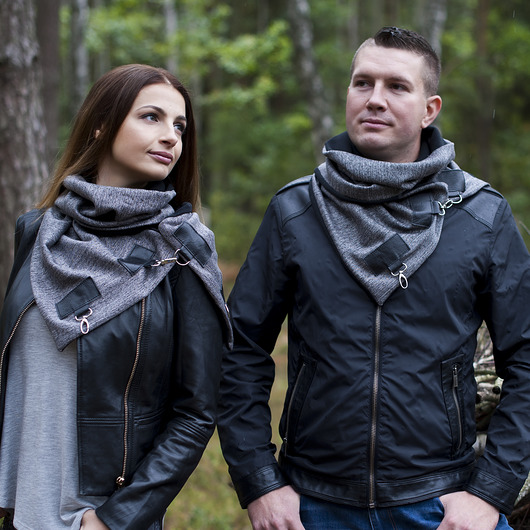 Szal komin w jodełkę - czarny ze skórą unisex Green Sheep