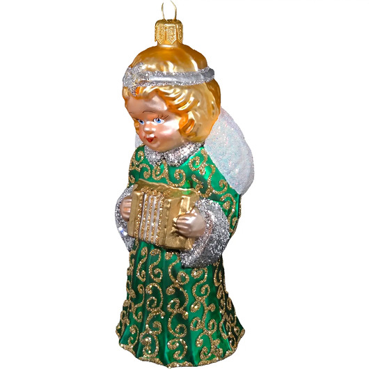 bombki Ręcznie malowana szklana bombka aniołek z akordeonem w zielonej sukni
