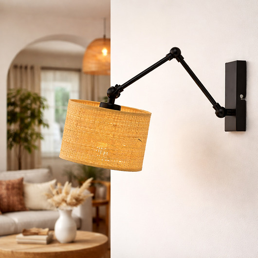 kinkiety Kinkiet z regulowanym ramieniem do czytania z rattanowym kloszem TULON BOHO