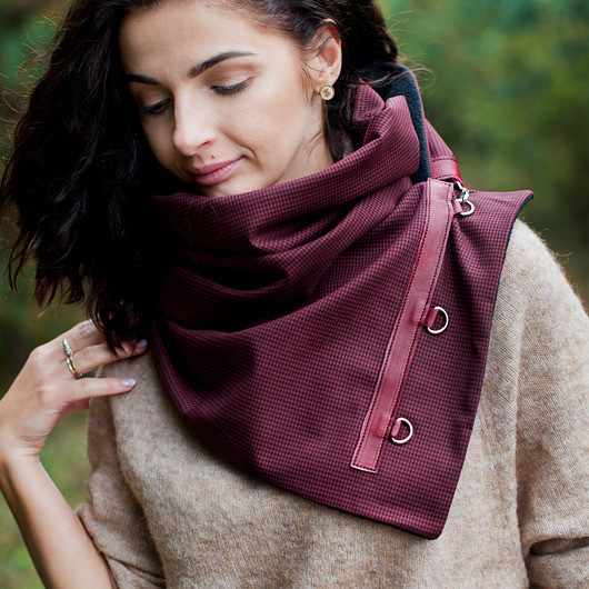 szale damskie Ciepły szal komin- burgundowy bordowy pepitka
