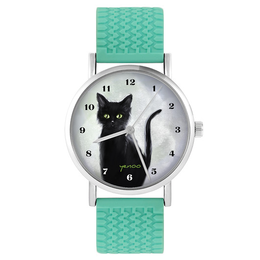 zegarki unisex Zegarek - Czarny kot - silikonowy, turkus