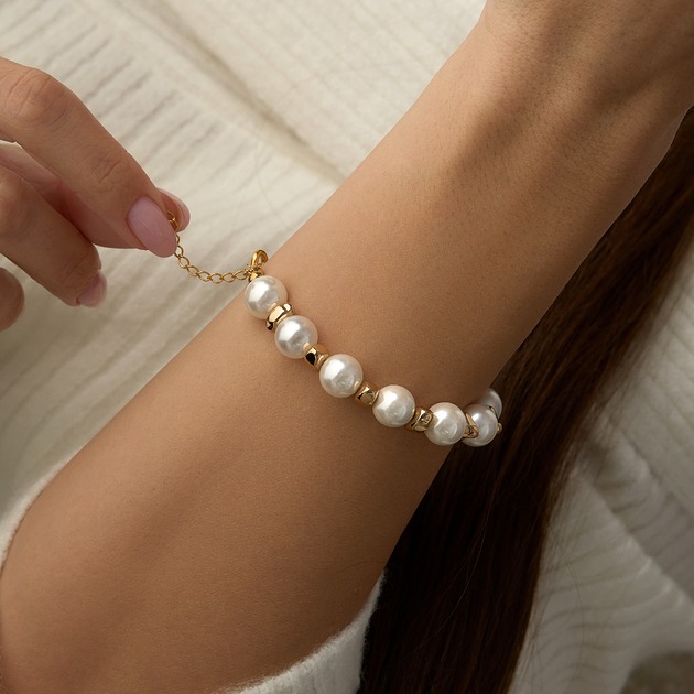 bransoletki - inne Bransoletka z białych pereł 10mm + hematyt- srebro 925 pozłacane