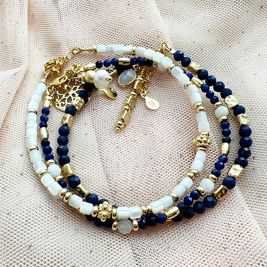 bransoletki z kamieni naturalnych Komplet Bransoletek AURORA NAVY- z kamieni lapis lazuli,  masy perłowej