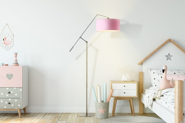 lampy do pokoju dziecka Srebrno-różowa lampa stojąca z ruchomym ramieniem dla dzieci LIBERIA KIDS