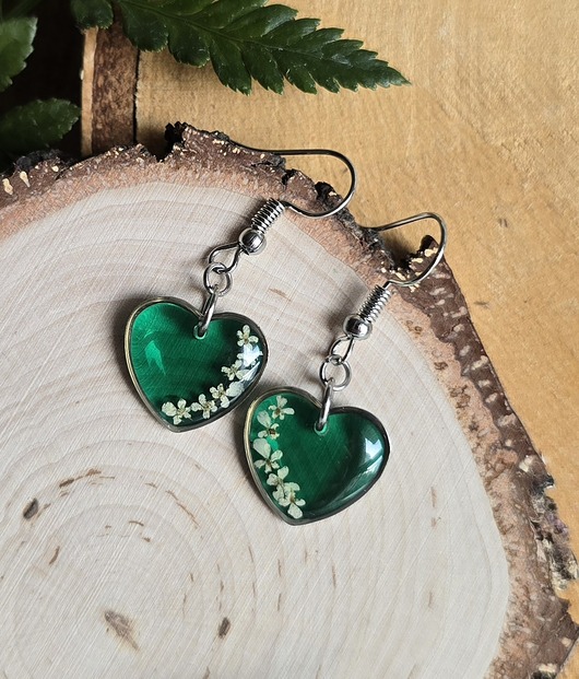 kolczyki z żywicy Kolczyki srebrne prawdziwe kwiaty serca turkusowe serduszka