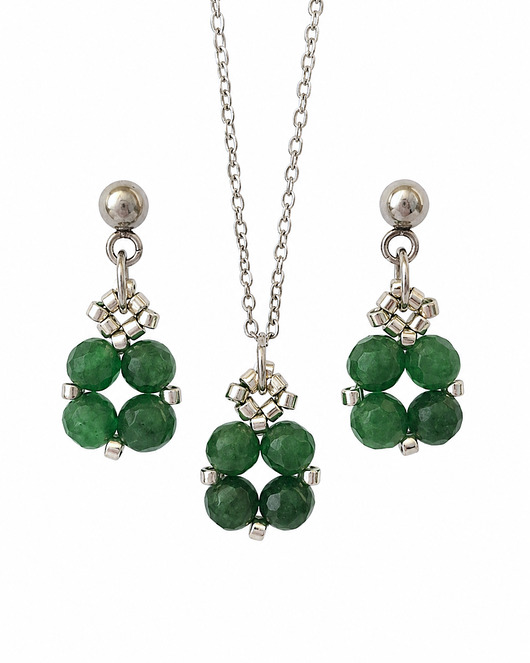 komplet biżuterii Komplet Biżuterii Jadeit Ciemnozielony - Kolczyki Sztyfty i Naszyjnik