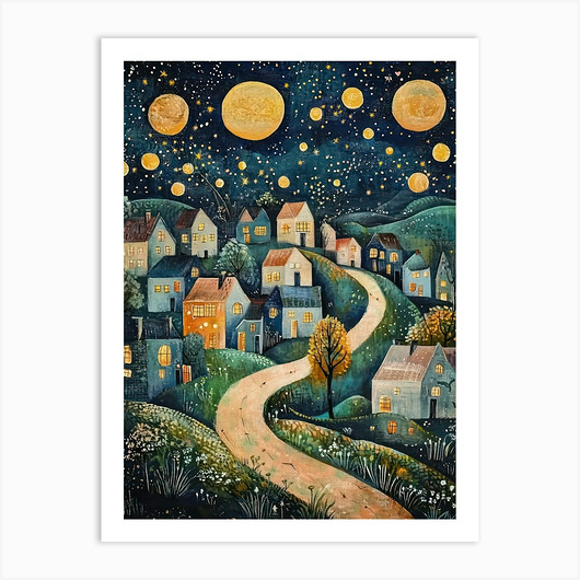 grafiki i ilustracje Księżycowa noc nad miasteczkiem