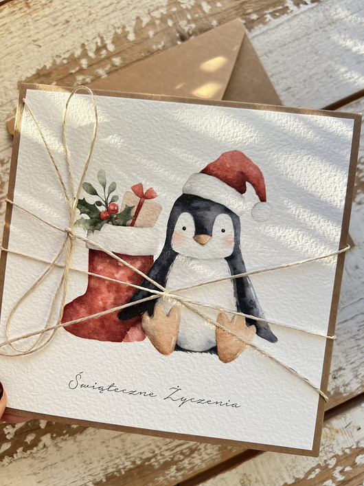 kartki świąteczne Kartka świąteczna ręcznie robiona na Boże Narodzenie z pingwinkiem 1