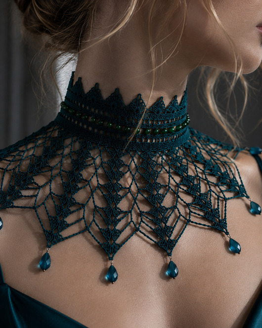 kolie Koronkowy choker morska zieleń gotycko wiktoriański styl