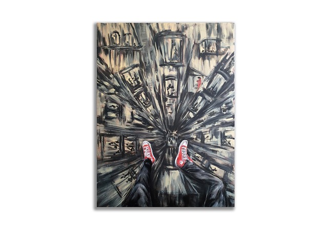obrazy Obraz akrylowy ręcznie malowany 60x80 cm "Trampki nad miastem"