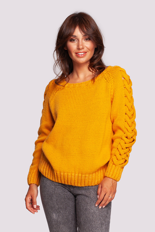 swetry damskie  Sweter z szerokim dekoltem i warkoczem-miodowy(BK-090)