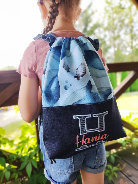 torebki, worki i plecaki dziecięce Worek/plecak w wieloryby + IMIĘ
