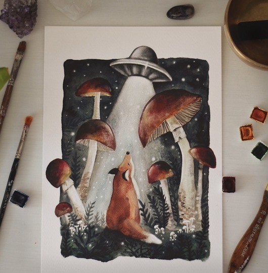 grafiki i ilustracje Ilustracja Grzyby, UFO i Lis