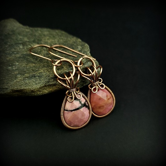 kolczyki wire wrapping Kolczyki z rodonitem