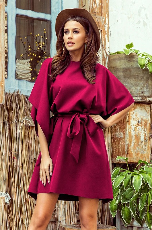 sukienki mini damskie 287-18 SOFIA Sukienka motyl z wiązaniem w pasie - BORDOWA