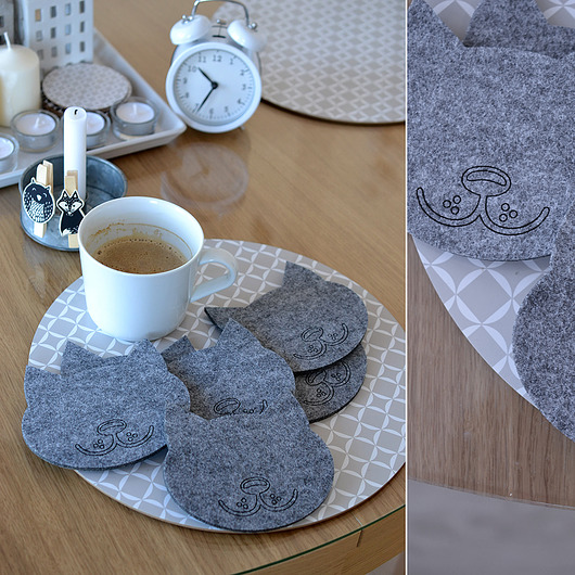 Cztery podkładki filcowe w kształcie głowy kota felt label