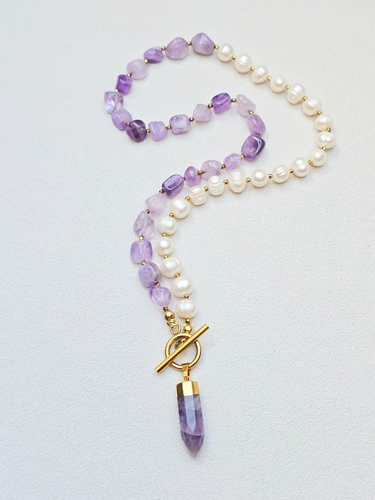 złote naszyjniki Naszyjnik  Perłowo  Ametystowo