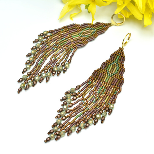 kolczyki szklane Foghar II, brązowo-zielone "indiańskie" kolczyki, beading