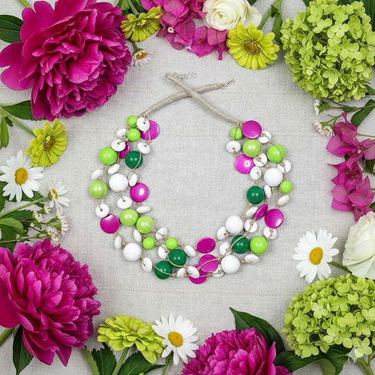 korale 6446 lniany, biały, zielony, różowy naszyjnik