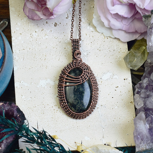 wisiory Miedziany wisiorek wire wrapping z jaspisem star galaxy