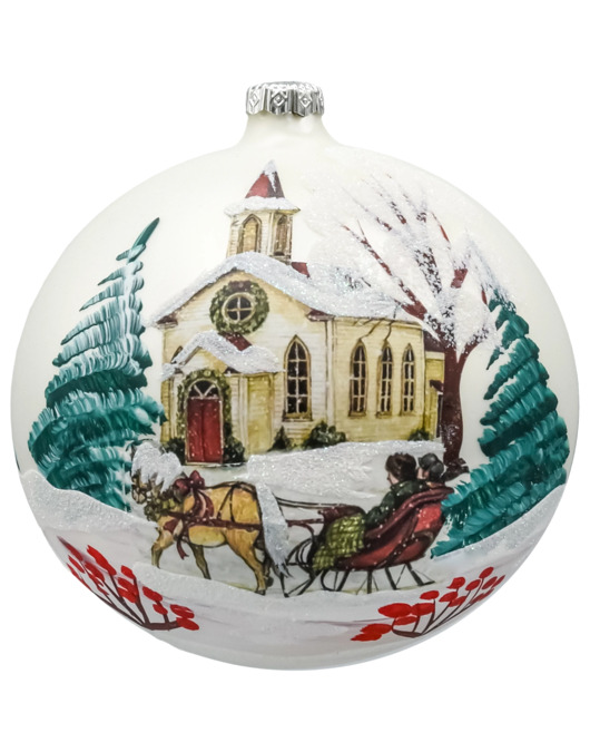 bombki Bombka okrągła: Ośnieżony Kościółek z saniami