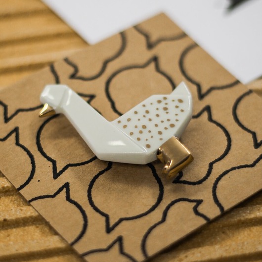 broszki Broszka Porcelanowa Origami Kaczka Biało-Złota