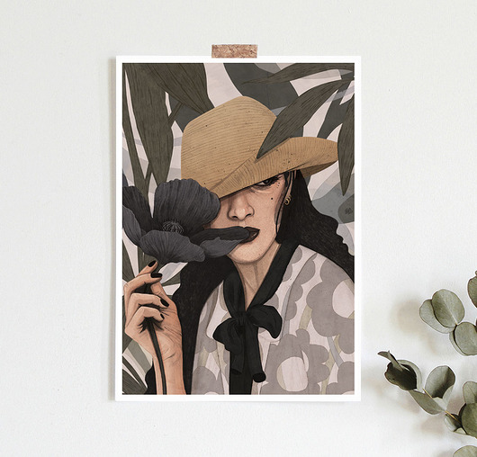 plakaty Women with blue  flowers  plakat ilustracja