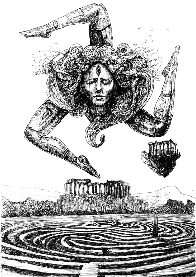 grafiki i ilustracje Sycylijskie Mity z labiryntem w tle   rysunek piórkiem