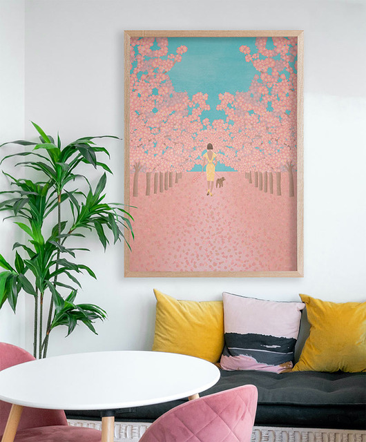 plakaty Plakat - Kwitnące wiśnie - spacer z psem