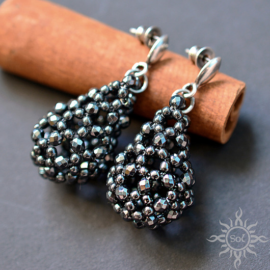 kolczyki swarovski Ażurowe krople z hematytu III, kolczyki Swarovski, beading