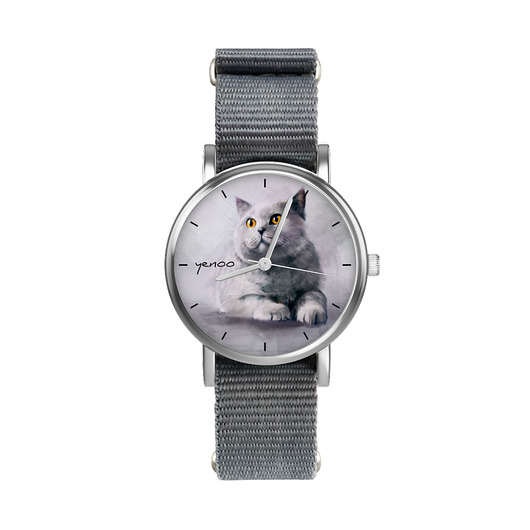 zegarki unisex Zegarek  mały - Kot brytyjski - nylonowy, szary