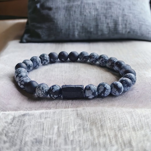 biżuteria męska Obsydian śnieżny & turmalin : ochronna bransoletka