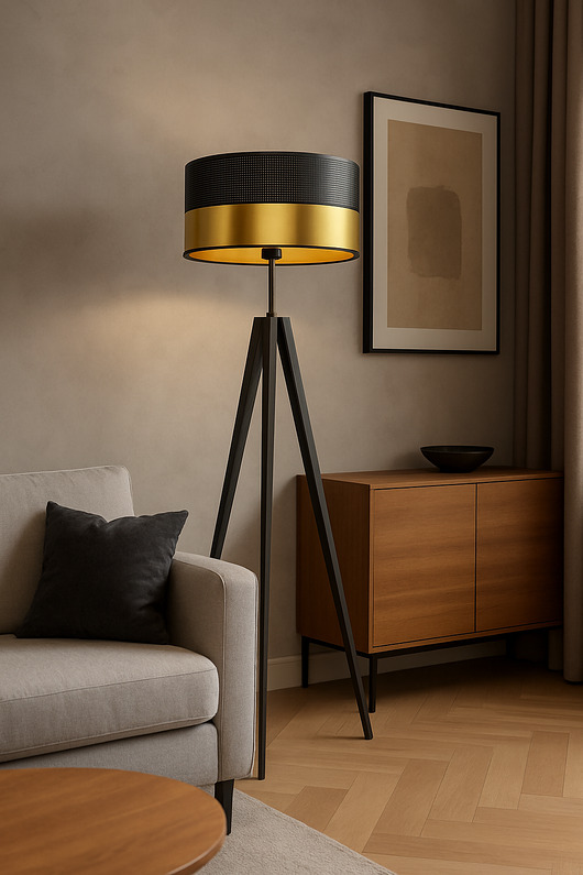 lampy podłogowe Piękna lampa podłogowa do salonu na trójnogu drewnianym HAITI GLAM